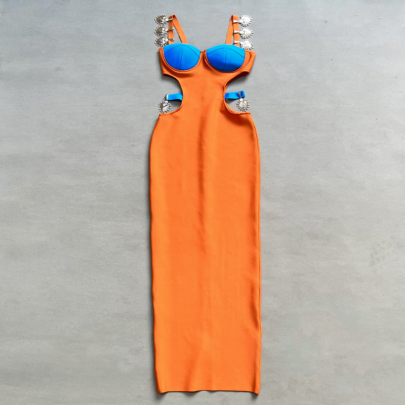 Color-Blocked Cutout Halter-Neck Maxi Dress
