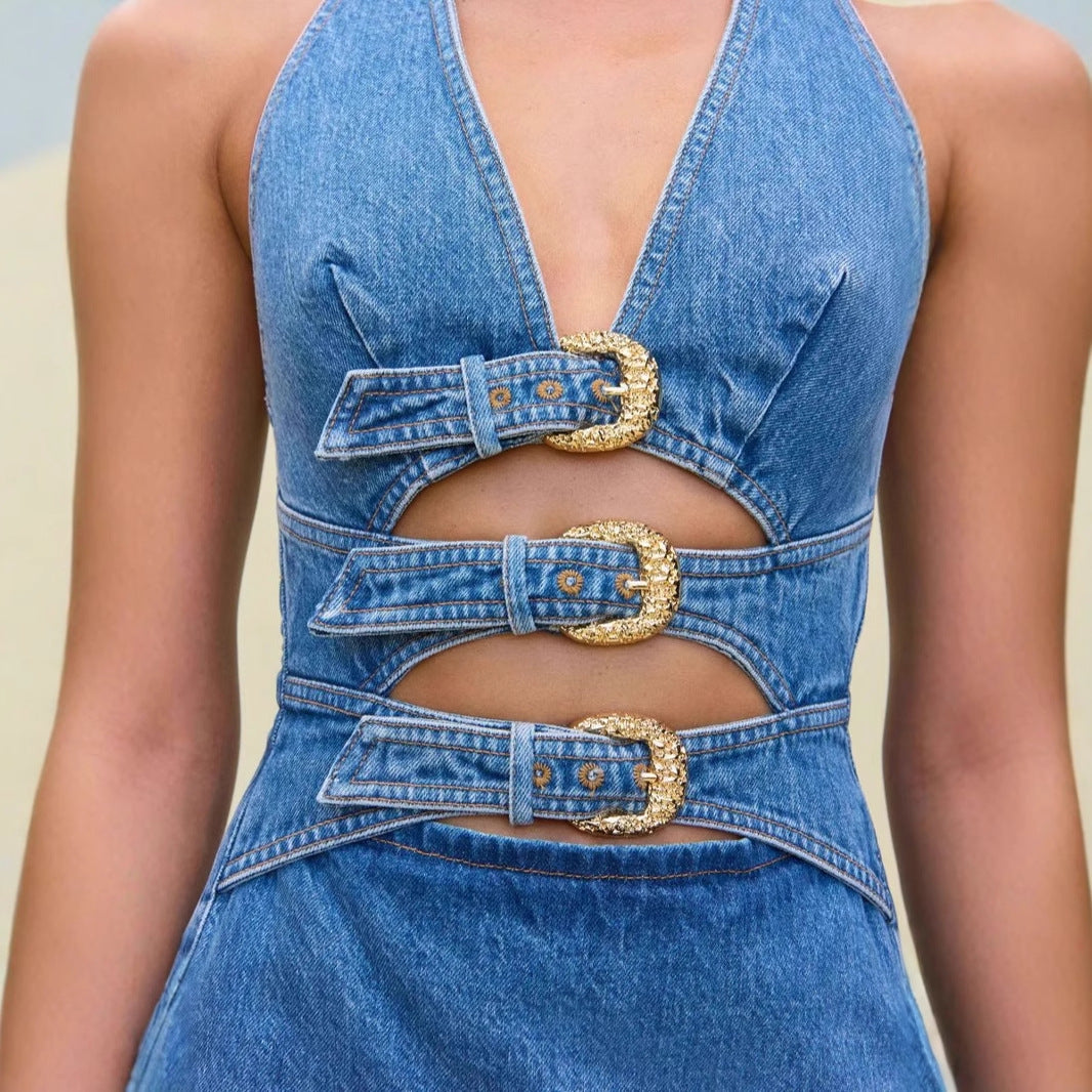 Denim Cutout Metal Buckle Mini Dress