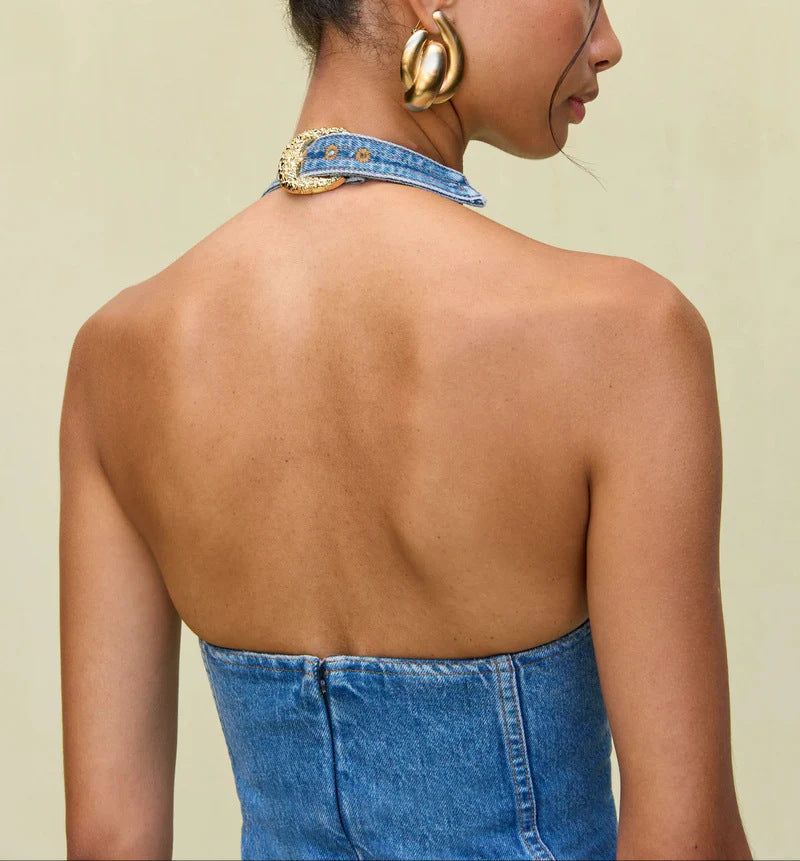 Denim Cutout Metal Buckle Mini Dress