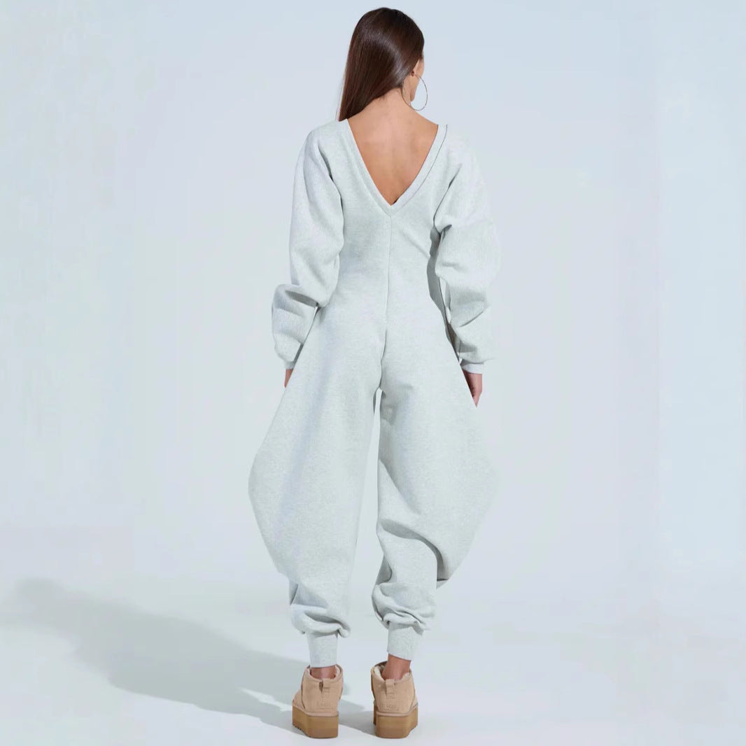 Solid Color V-Neck Jumpsuit