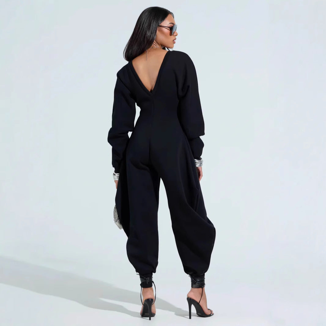 Solid Color V-Neck Jumpsuit