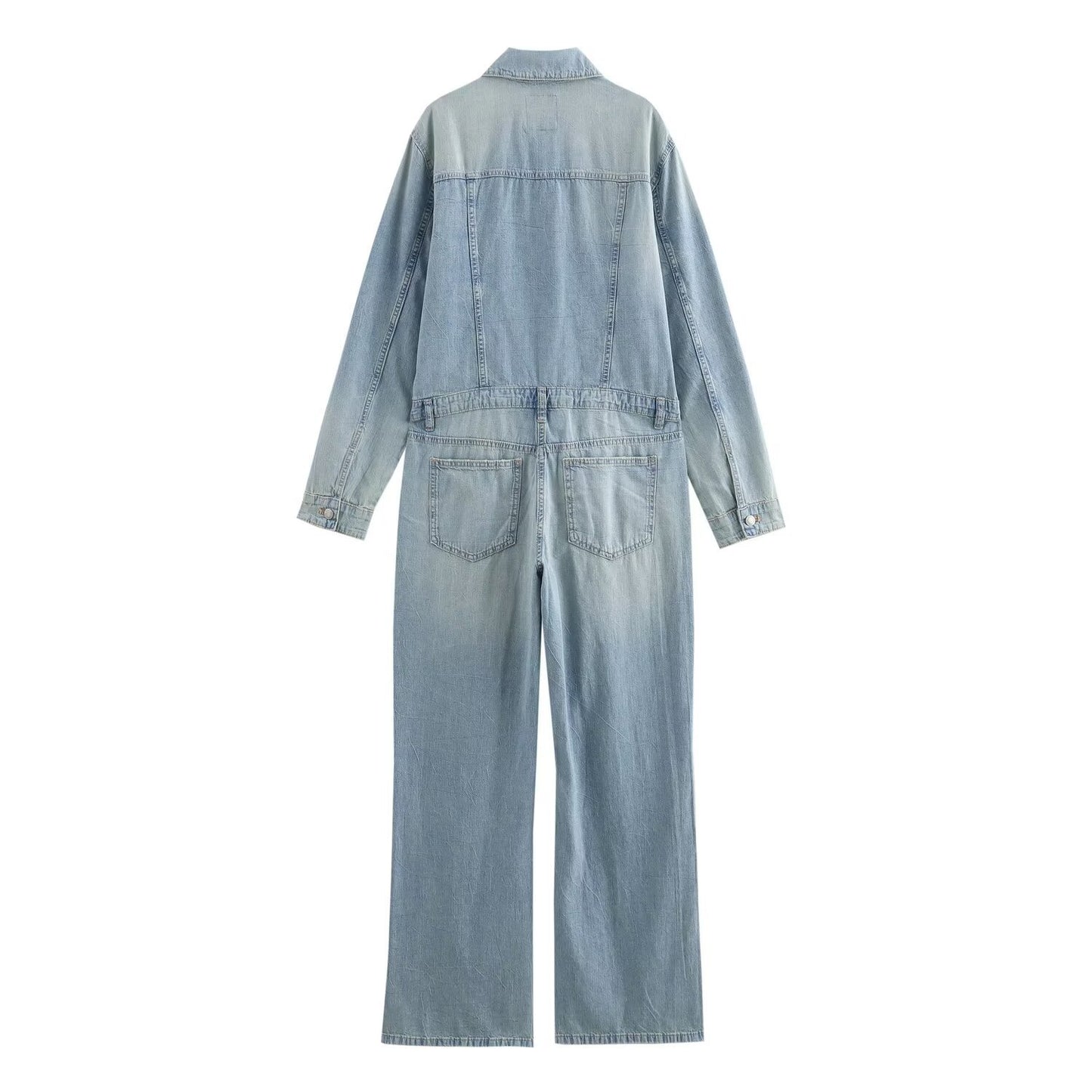 Washed Denim Long-Sleeve Jumpsuit