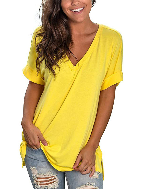 V-neck solid color side slit T-shirt