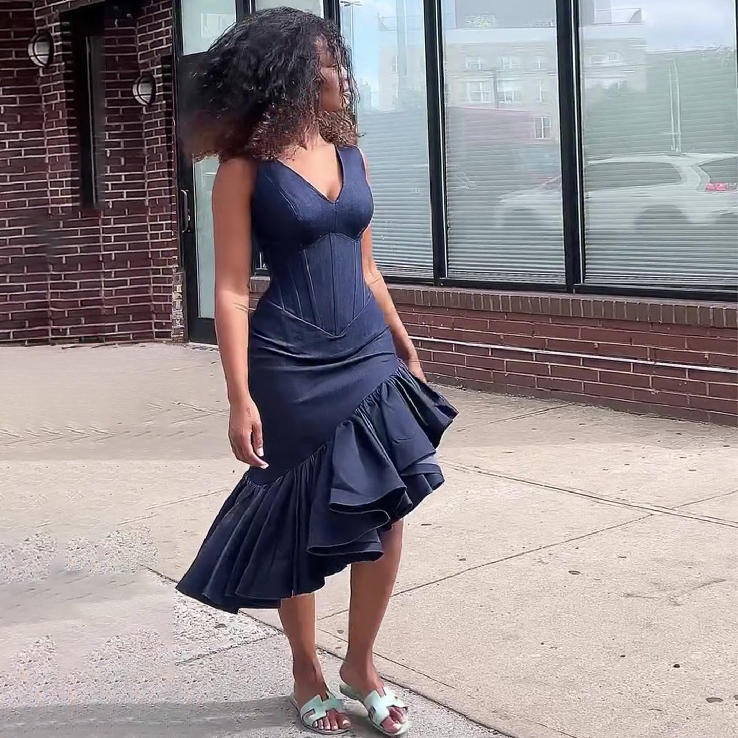 Denim V-Neck Ruffled Dress
