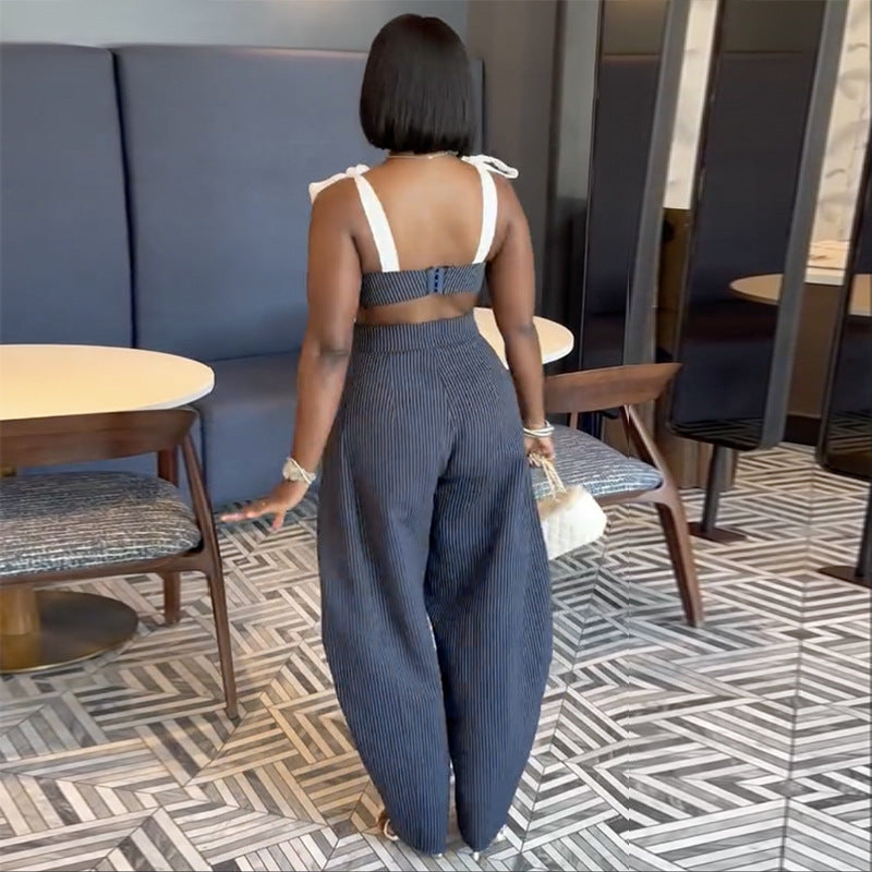 Bow-Tie Striped Wrap Top & Wide-Leg Pants Set