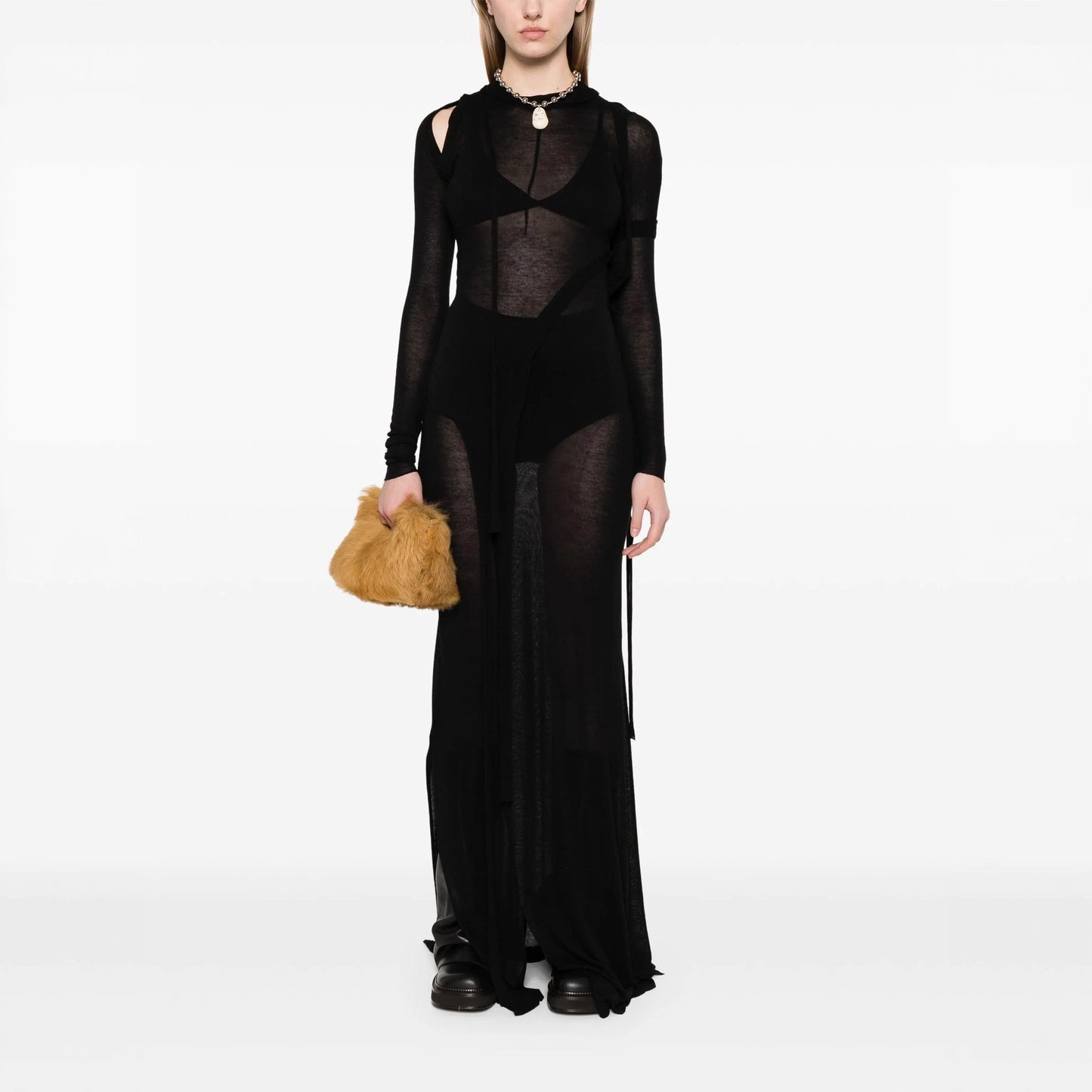 Long-Sleeved Knit Scarf-Tie Wrap Dress