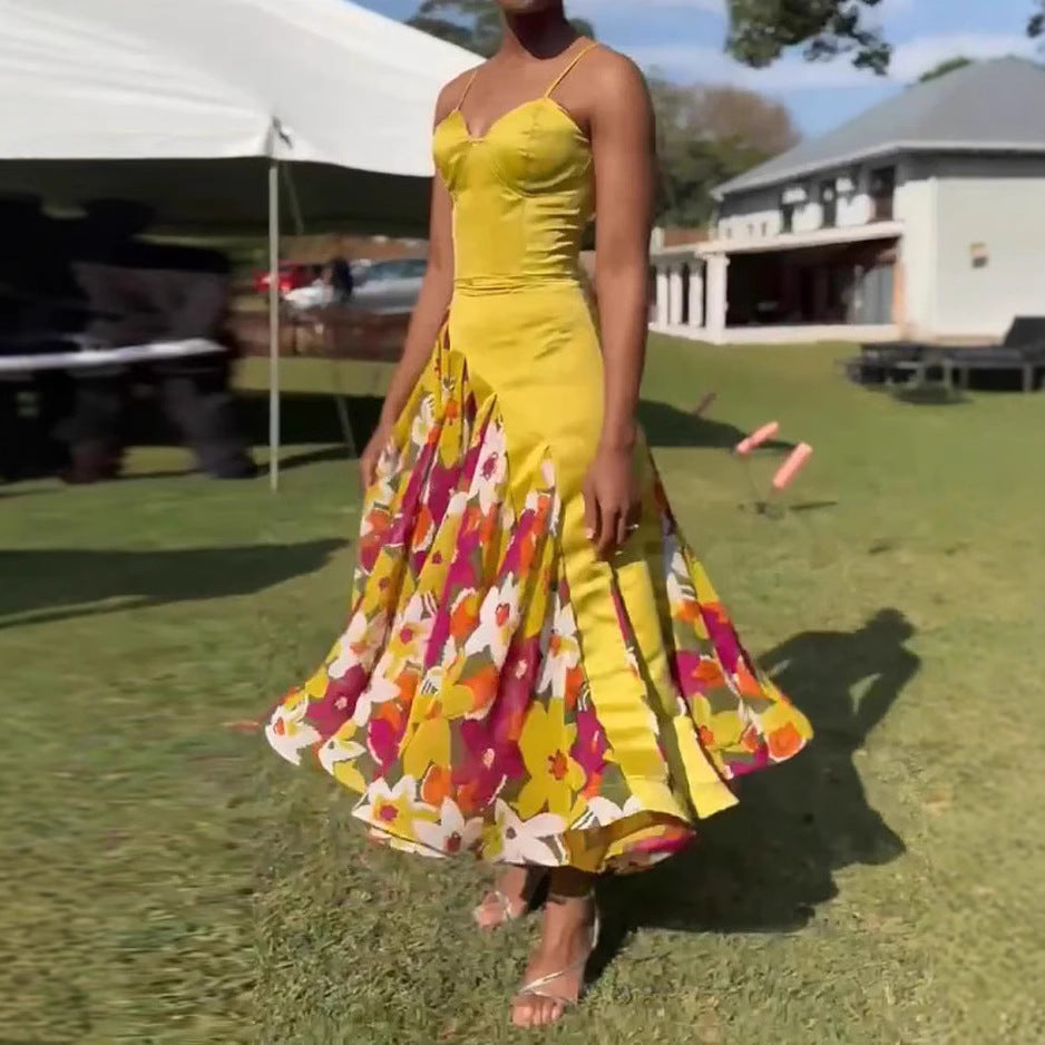Yellow Floral Print Camisole Maxi Dress