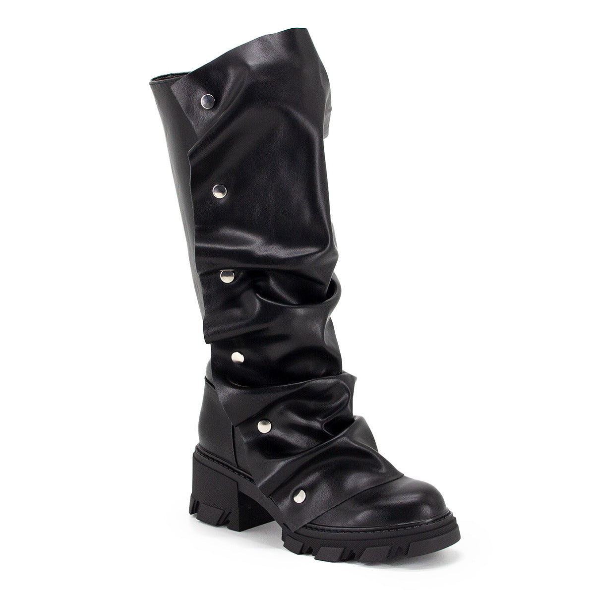 Black Leather Wrinkled Studded Boots