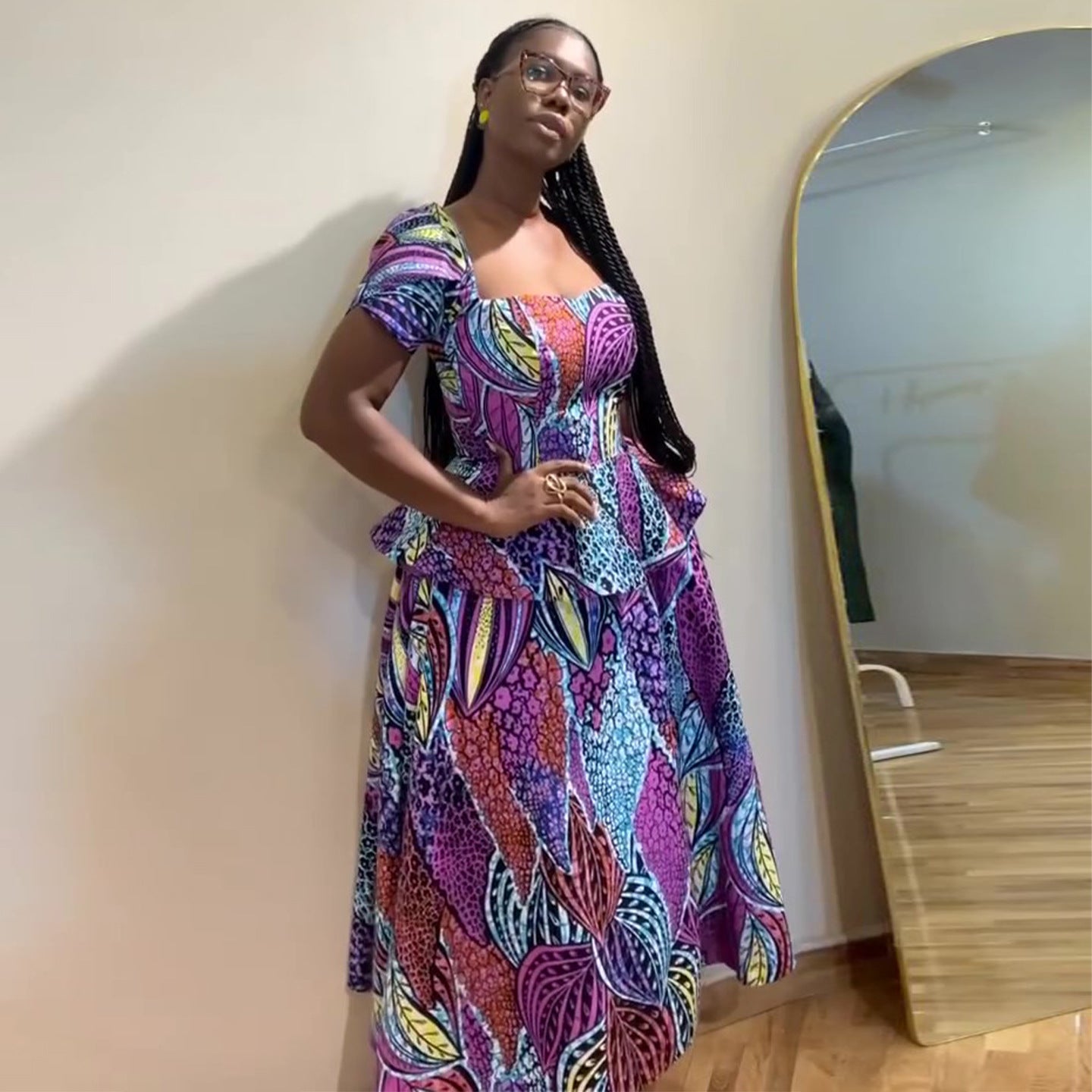 Purple Floral Print Short-Sleeve Maxi Dress
