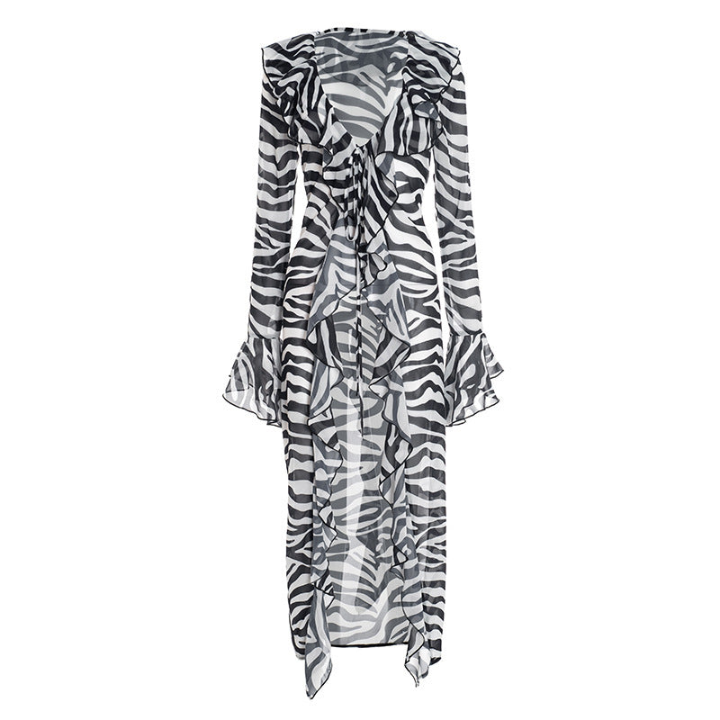 Zebra-Print Tie-Front Maxi Blouse
