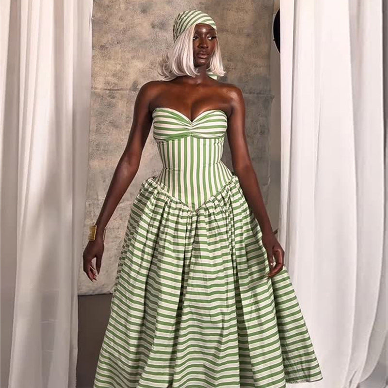 Green Striped Camisole Midi Dress