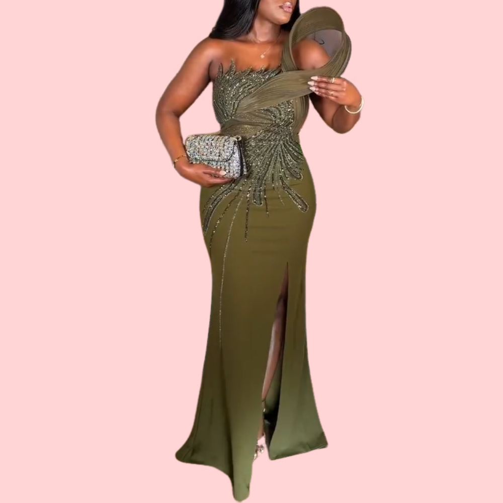 Green Embroidered Strapless Split Maxi Dress