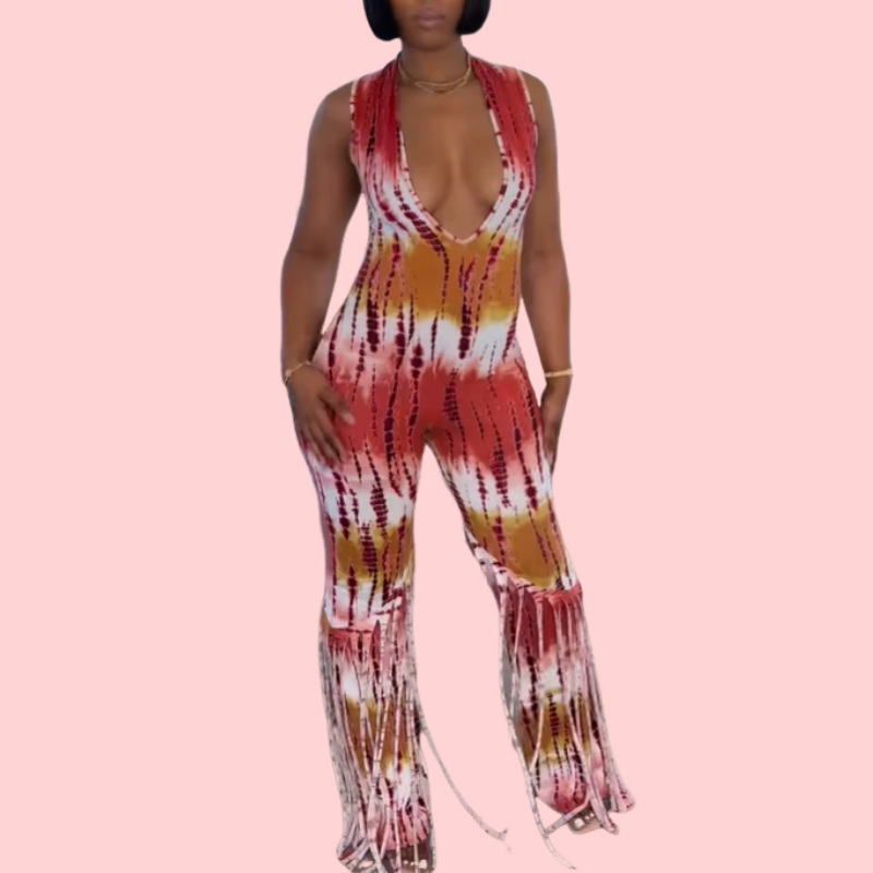 Tie-Dye V-Neck Hollow Out Fringe Jumpsuit