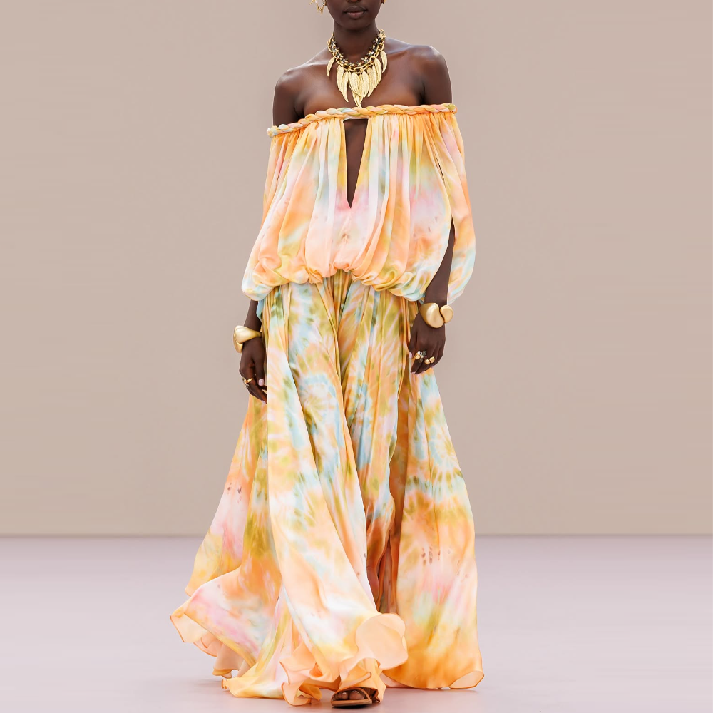 Yellow Tie-Dye Off-Shoulder Top & Pants Set