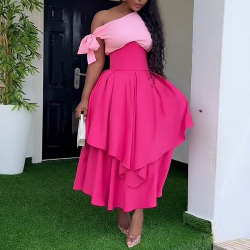 Slanted-Shoulder Color-Blocking Maxi Dress