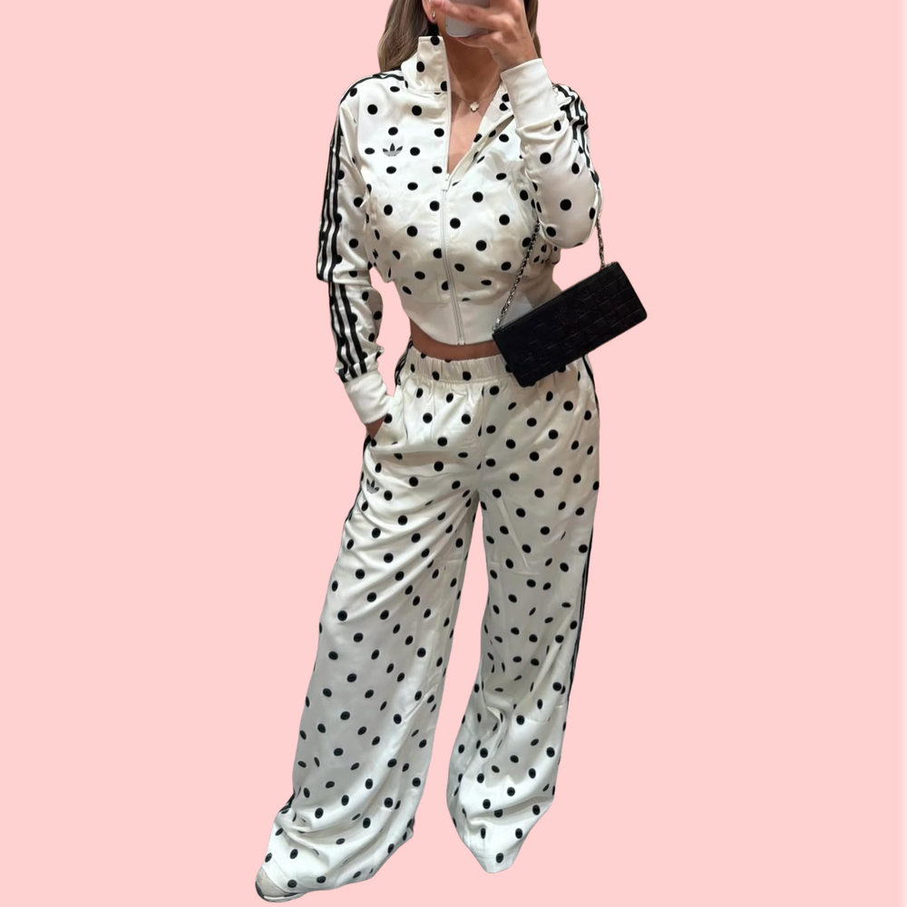 Black Polka Dot Zipper Jacket and Pants Set