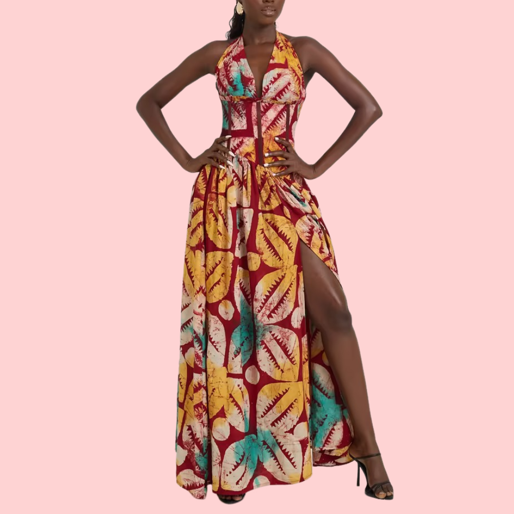 Colorful Leaf-Print Sleeveless Maxi Dress