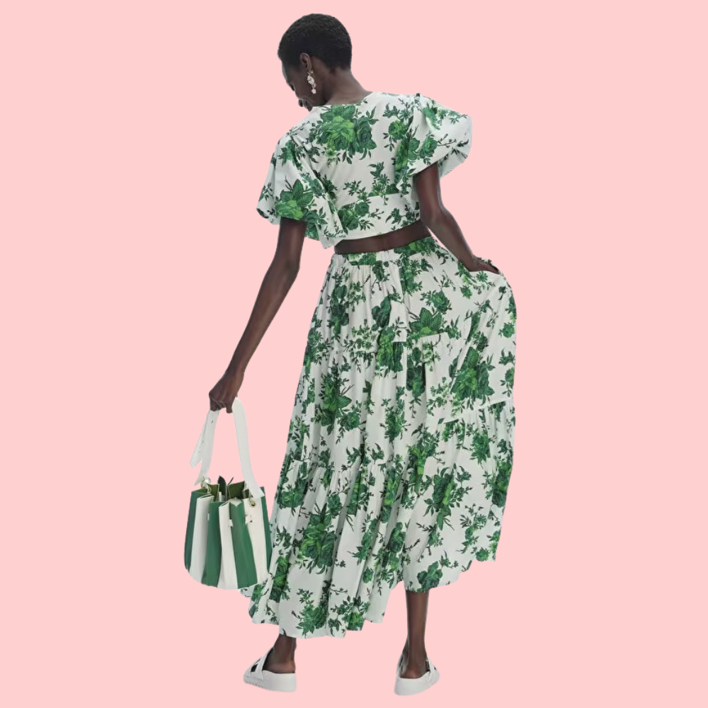 Green Floral Print Cropped Top & Skirt Set