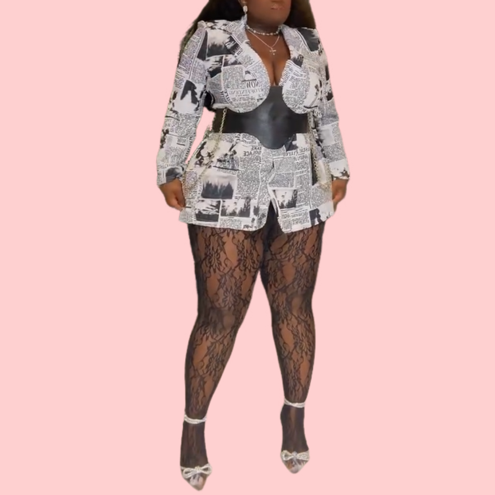 Newspaper-Print V-Neck Jacket Dress