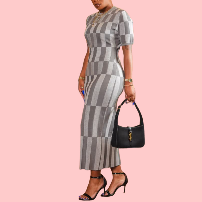Gray Checkered Short-Sleeve Wrap Dress