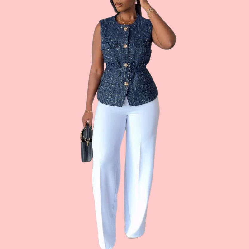 Blue Shiny Pocket Belted Vest