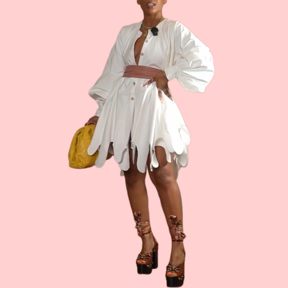 White Button-Down Puffed-Sleeve Mini Dress