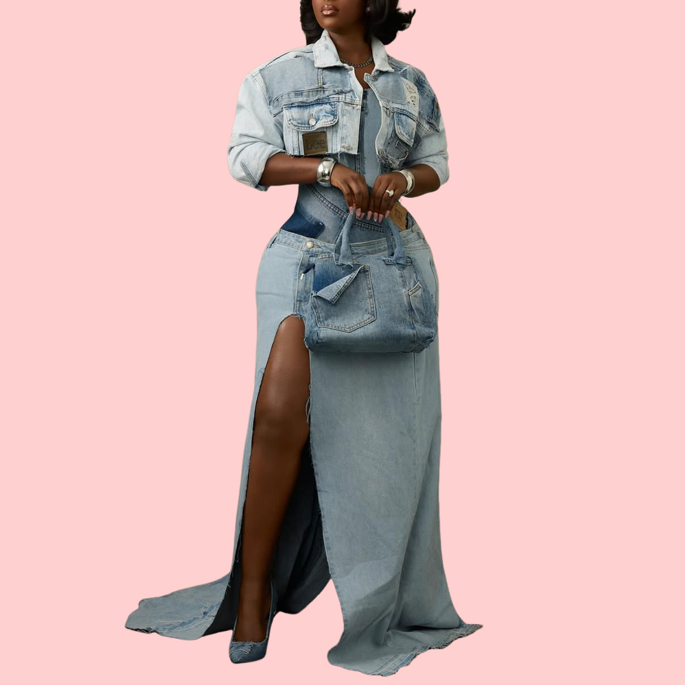 Denim Cropped Jacket & Patchwork Denim Skirt Set