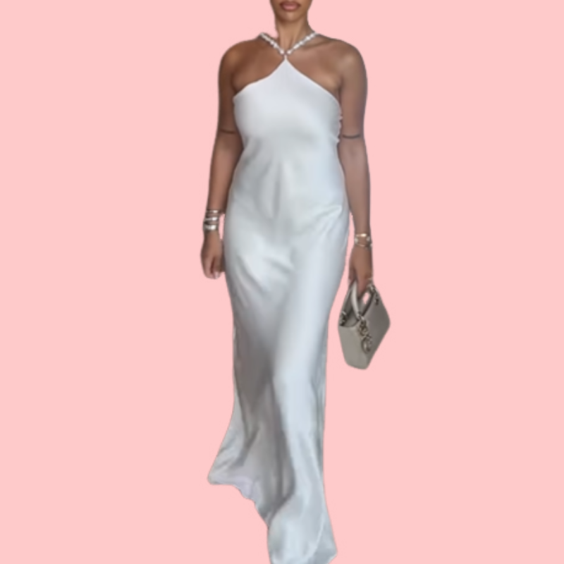 White Pearl Hanging Neck Elegant Maxi Dress