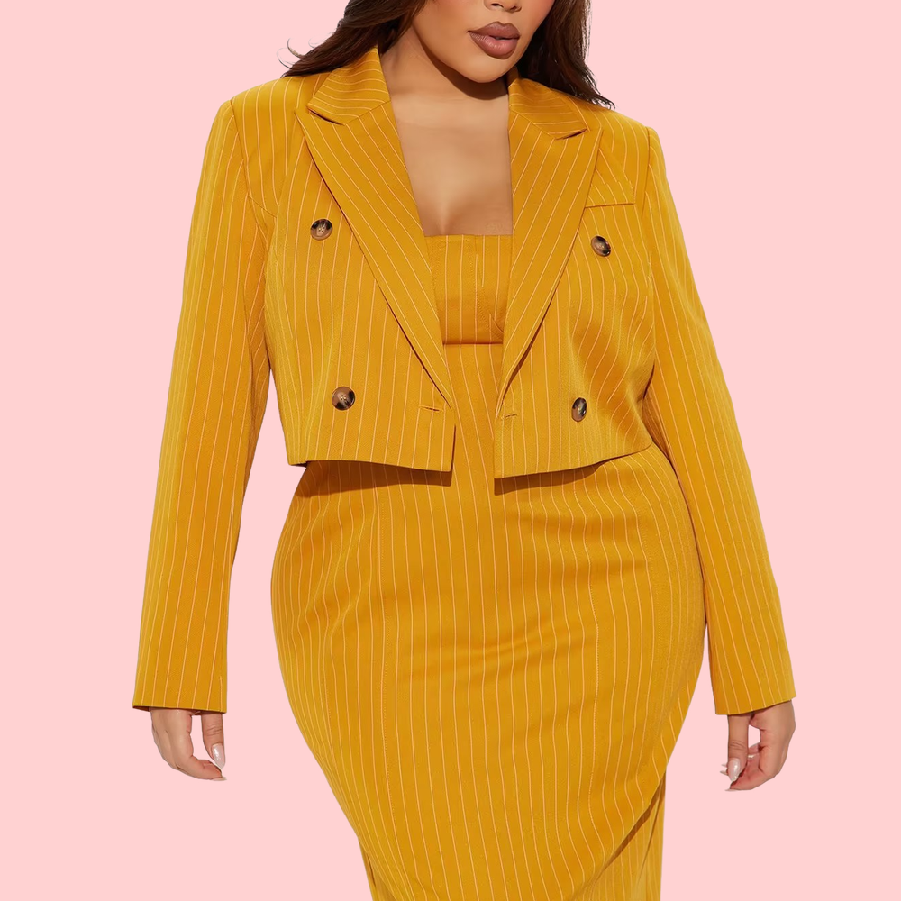 Yellow Cropped Blazer + Long Strapless Dress