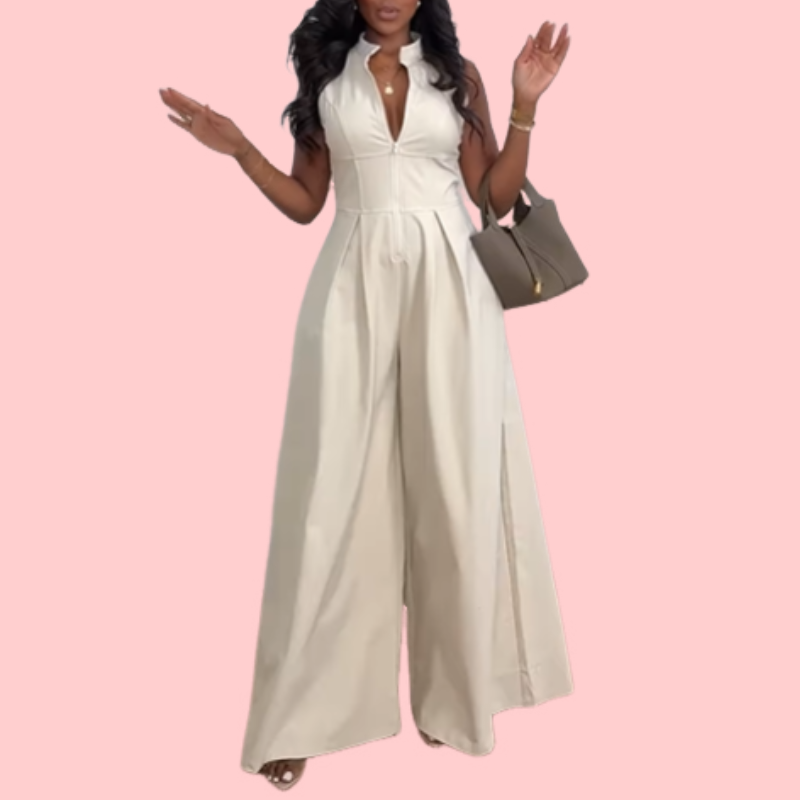 White Sleeveless Half-Zip Jumpsuit