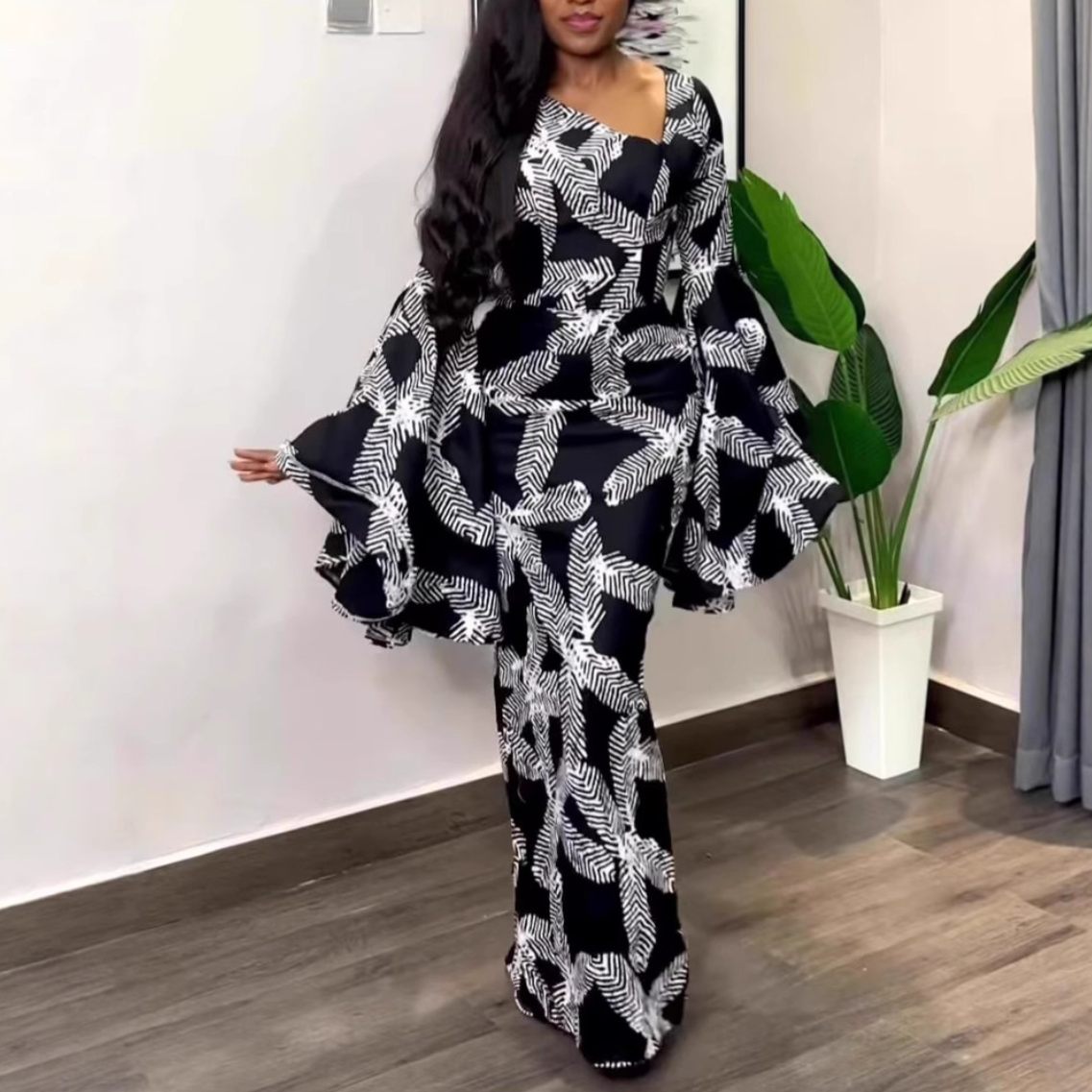 Black Feather Print Maxi Dress