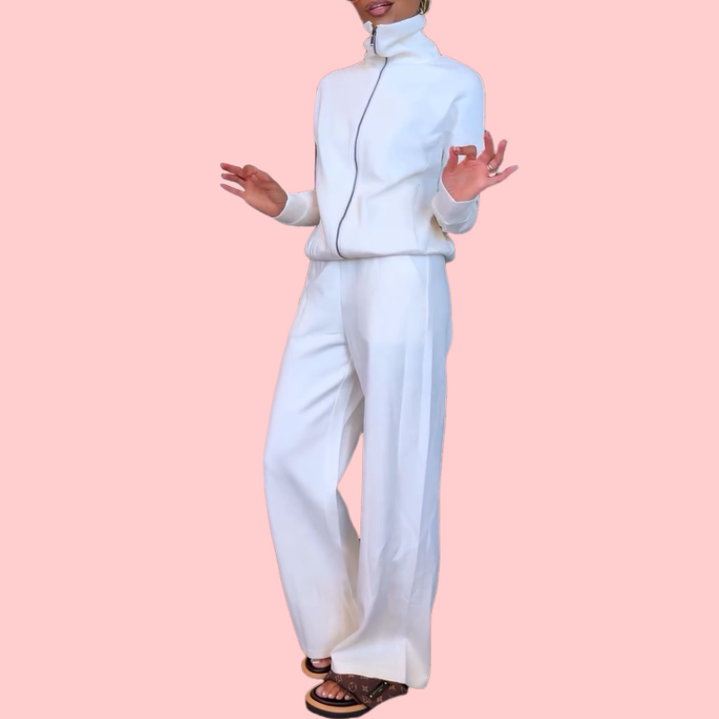White Zipper Casual Two-Piece Set