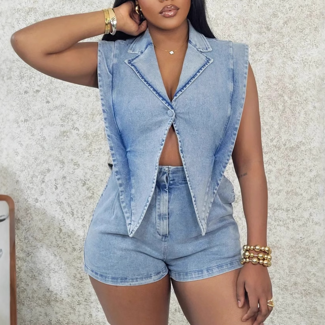 Denim Sleeveless V-Neck Top & Shorts Set