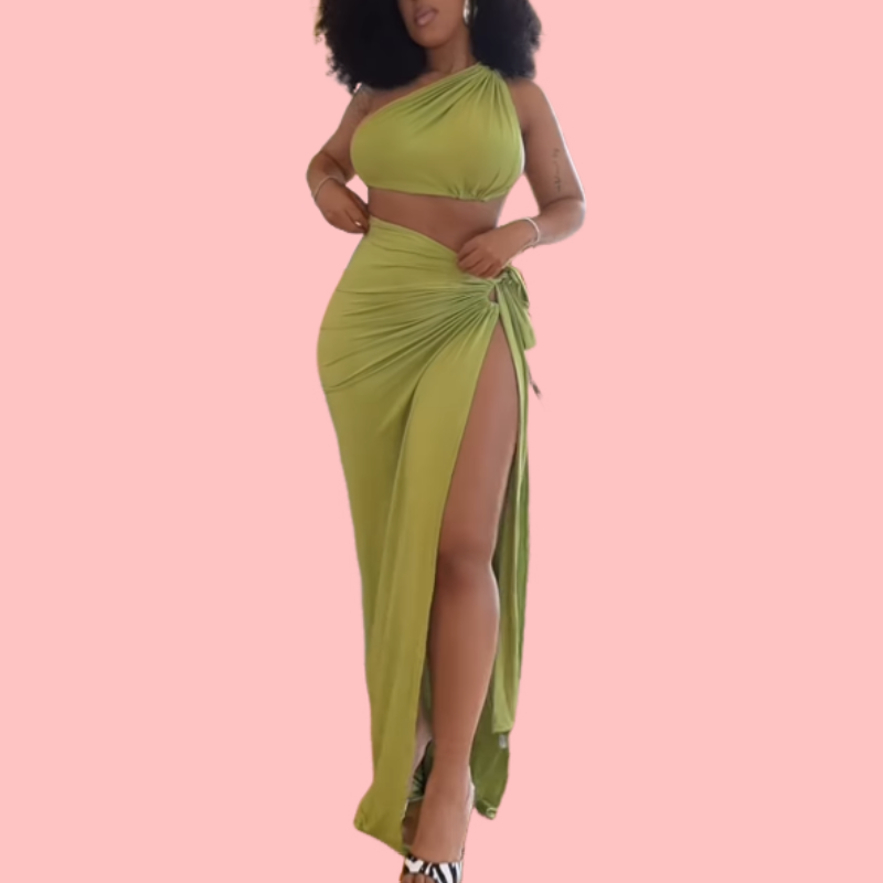 Green Slant Shoulder Top & Split Skirt Set