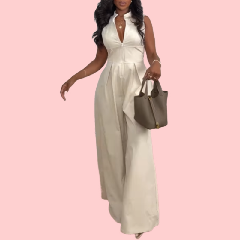White V-Neck Sleeveless Jumpsuit