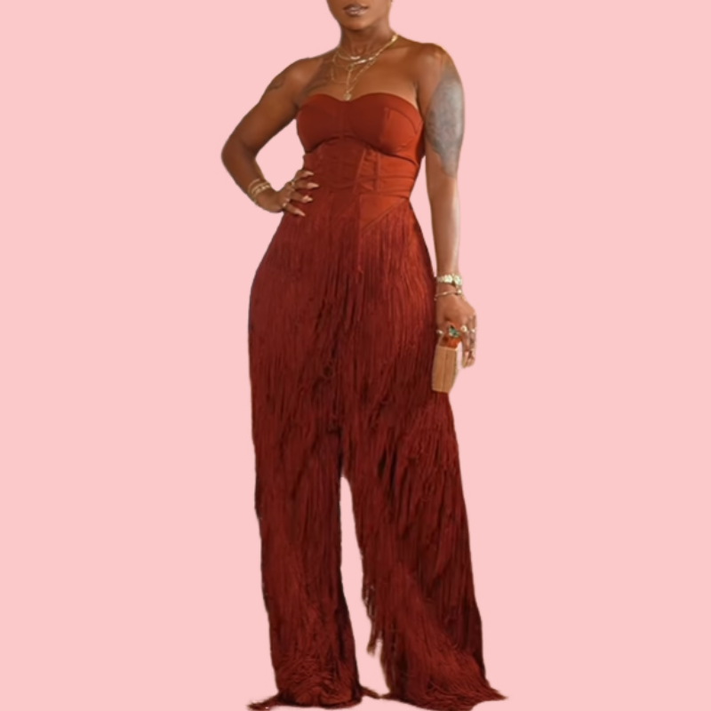 Reddish Brown Sheath Top & Fringed Pants Set