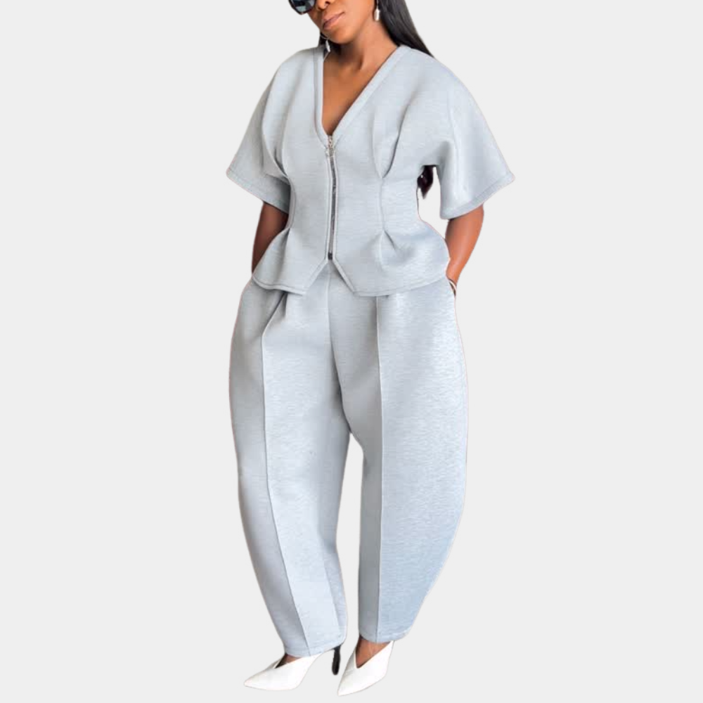 Short-Sleeve Zipper Oversized Jacket & Wide-Leg Pants Set