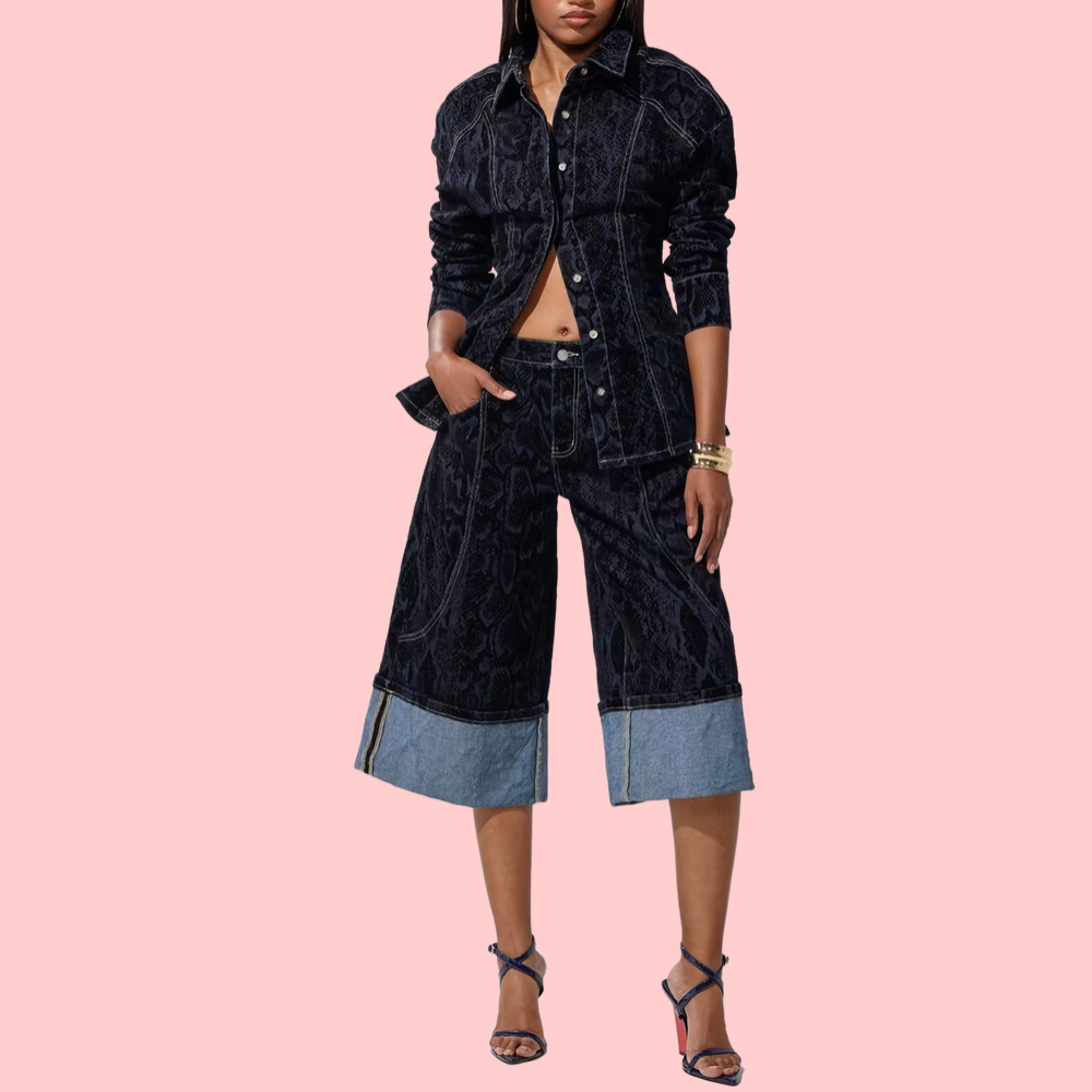 Patterned Denim Jacket & Mid-Rise Pants Set