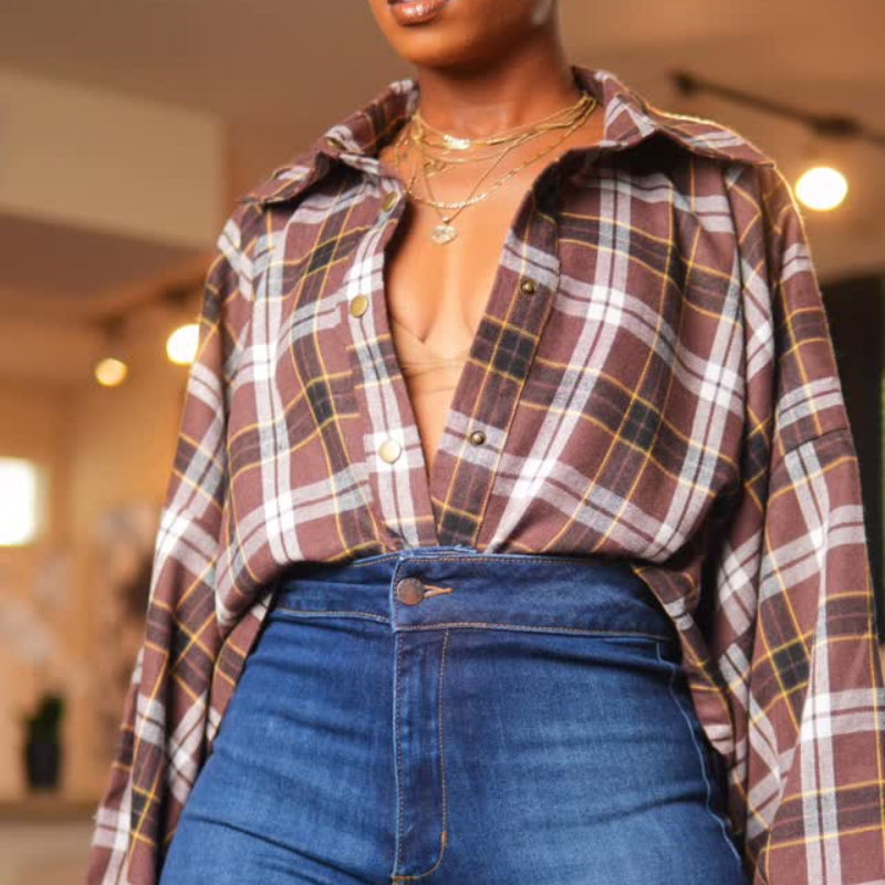 Brown Plaid Loose Shirt & Jeans Set
