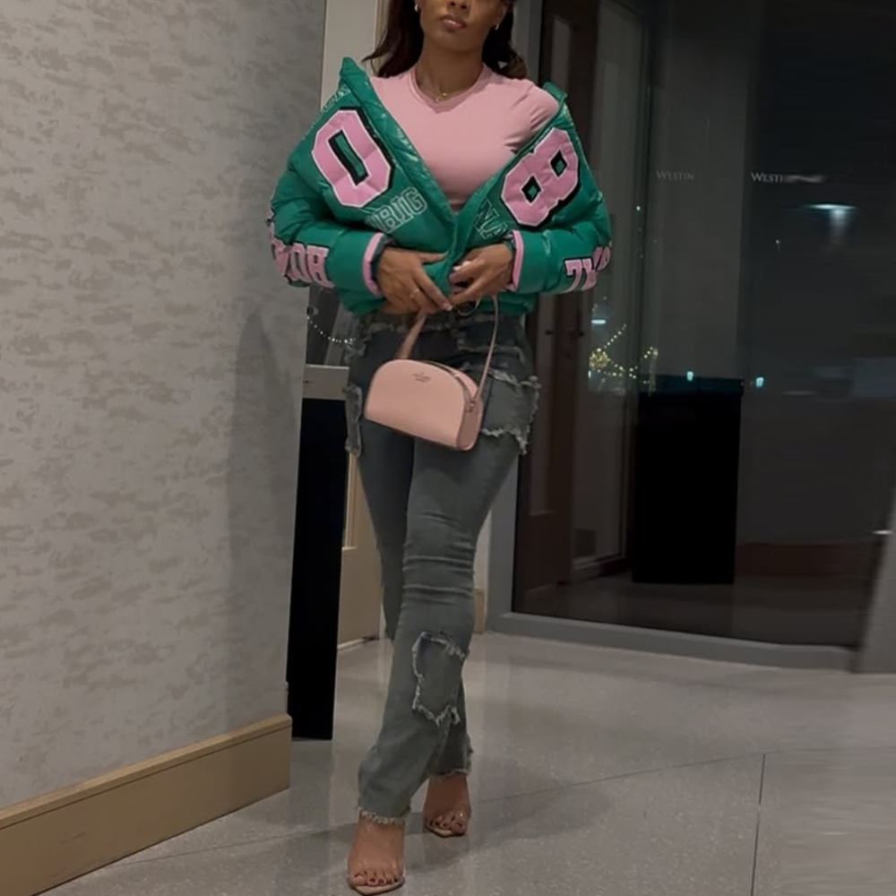 Green & Pink Letter Down Jacket