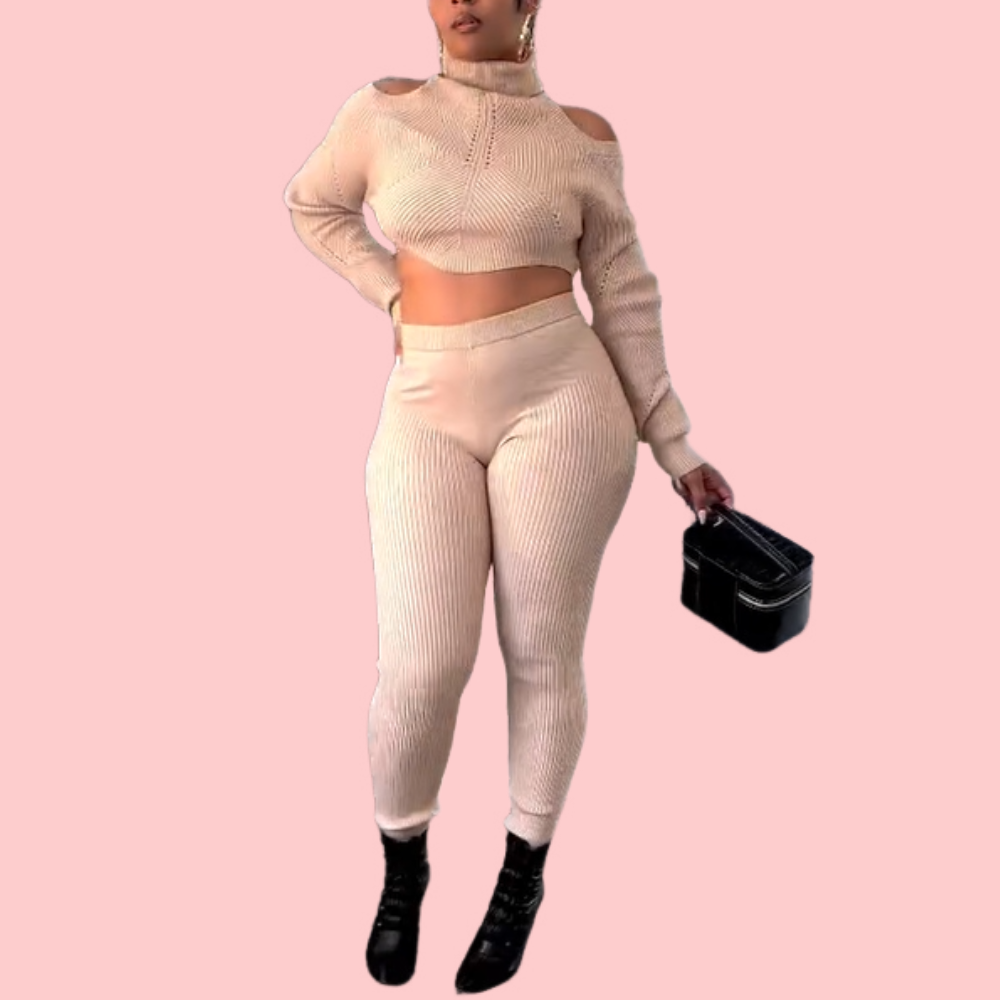 White Knit Off-Shoulder Sweater & Pants Suit