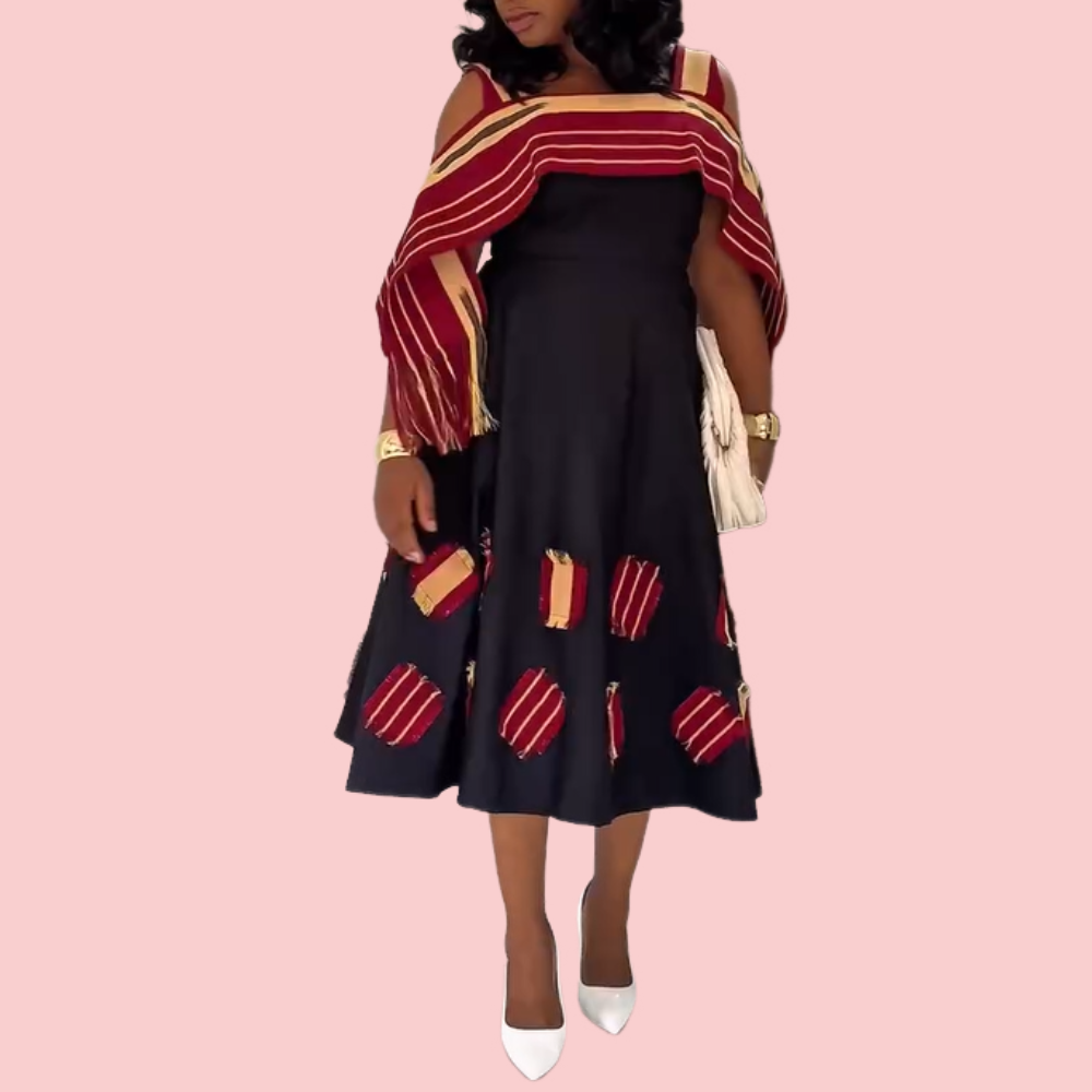 Ethnic Embroidered Midi Dress + Fringed Shawl