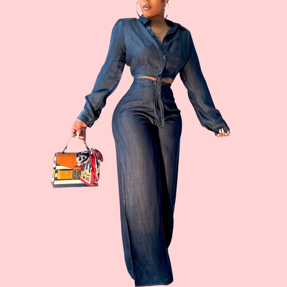 Long-Sleeve Denim Strappy Shirt & Jeans Set