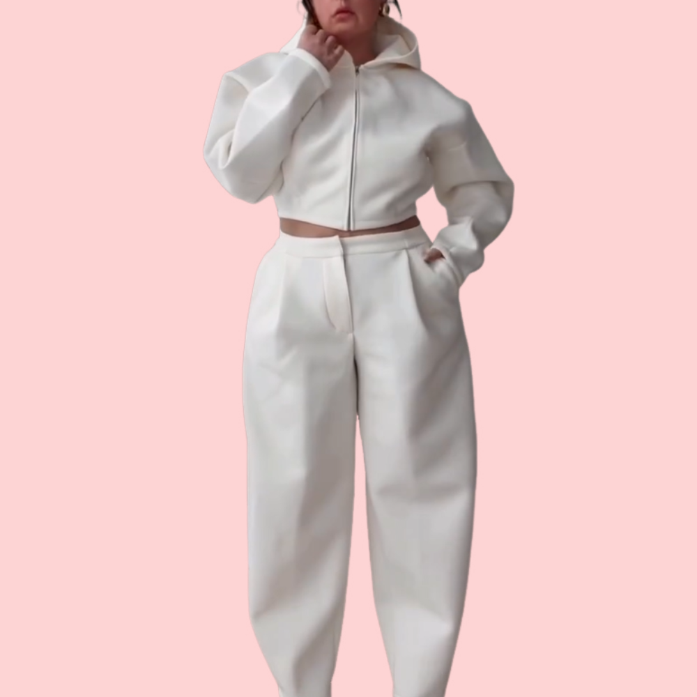 White Zipper Hoodie & Pants Set