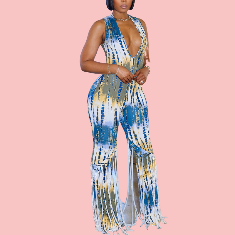 Tie-Dye V-Neck Hollow Out Fringe Jumpsuit