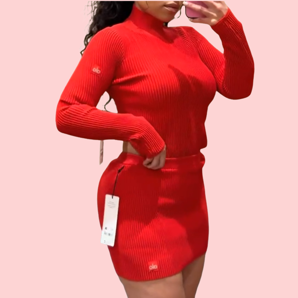 Red Knit Turtleneck Backless Sweater & Skirt Set