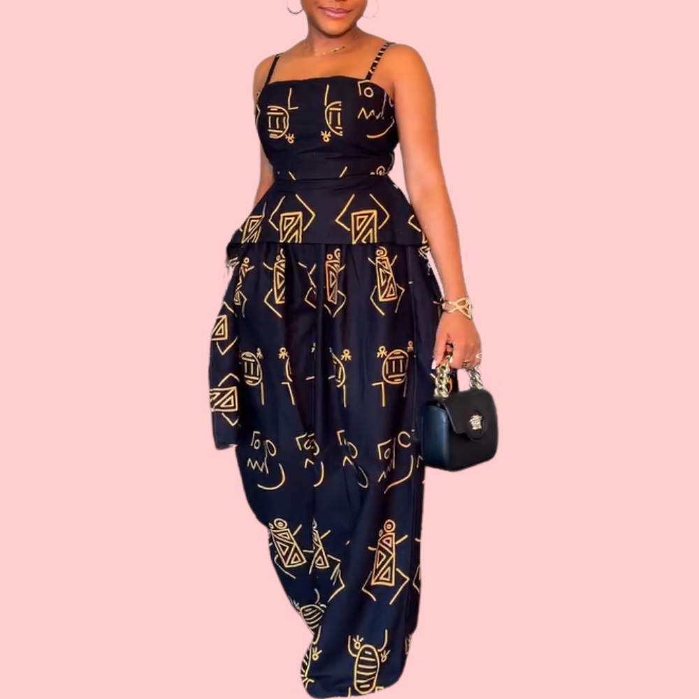 Strappy Printed Scarf Top & Wide-Leg Pants Set