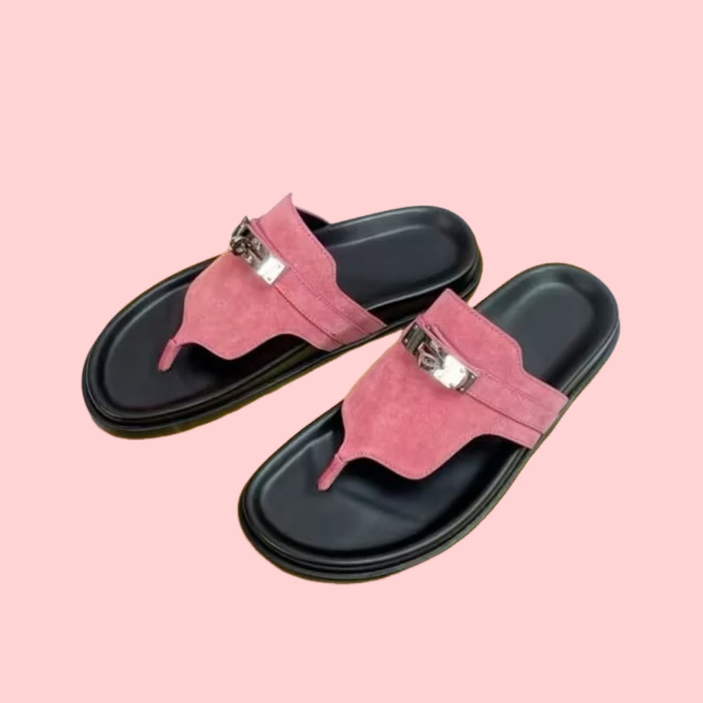 Metal-clasped Leather Flip-Flops