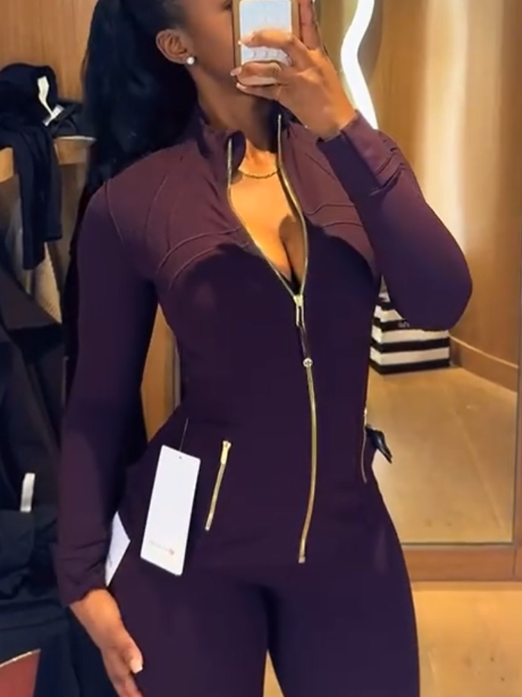 Burgundy Zipper Slim-Fit Two-Piece Set