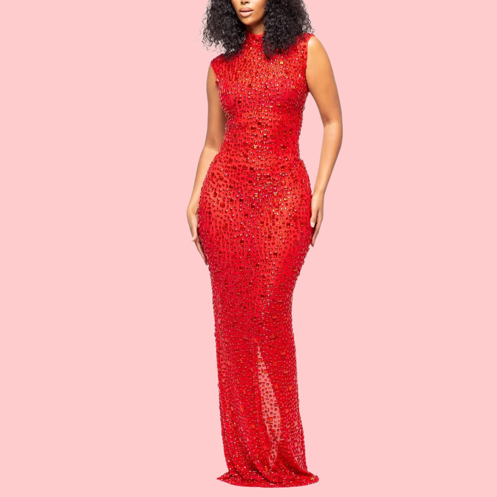 Red Shiny Sleeveless Maxi Dress
